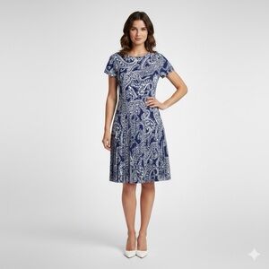 Michael Kors Dress Womens 6 Pleated Blue Paisley Short Sleeve Fit Flare Stretch